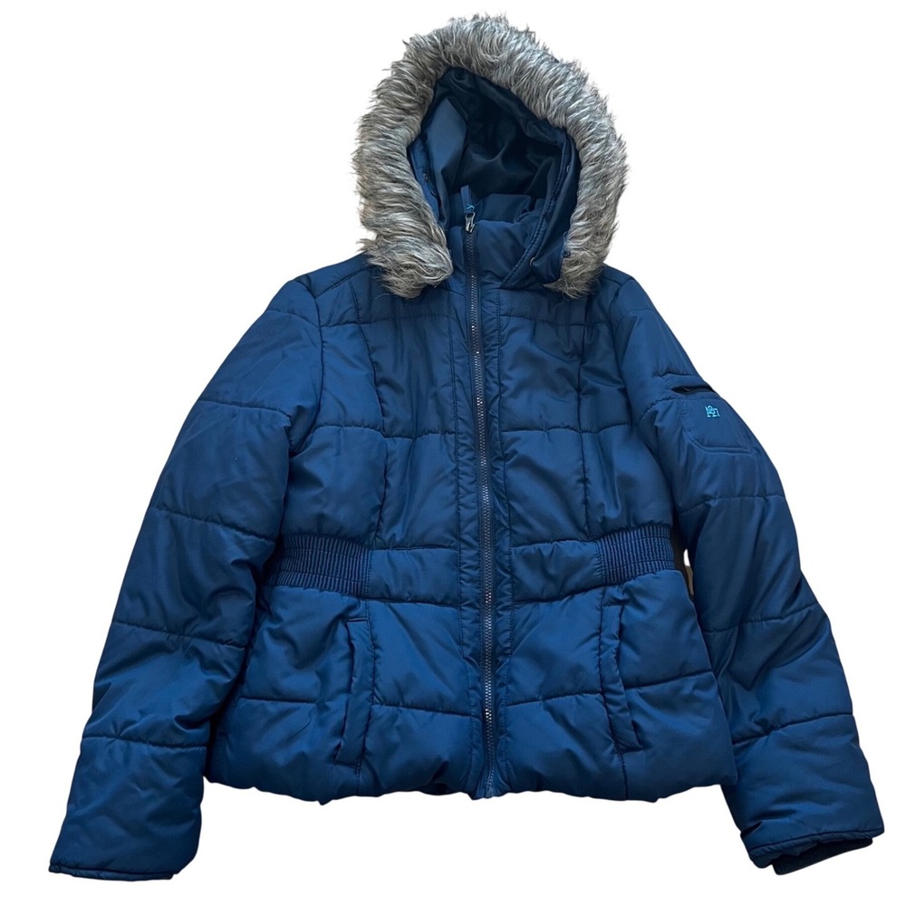Aeropostale Womens Navy Blue Puffer Jacket Faux Fur Trim Hood XL A87 Padded Coat